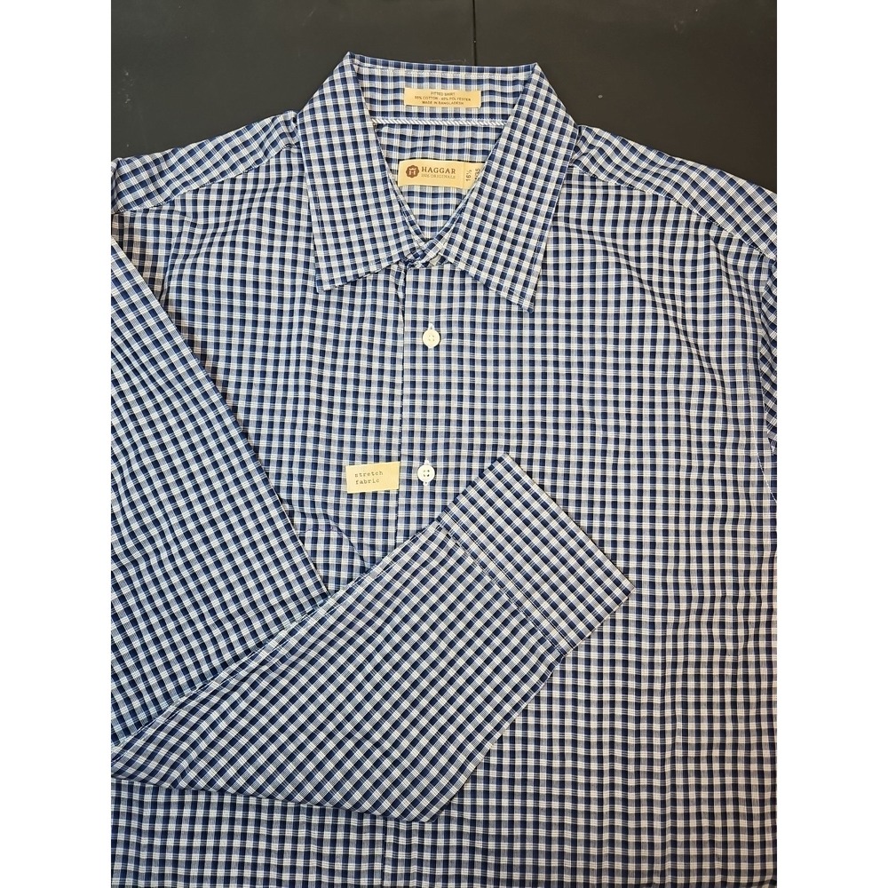 NWT Haggar Lg Blue Plaid Shirt Button Down Lightweight Dress Shirt 16.5 34/35